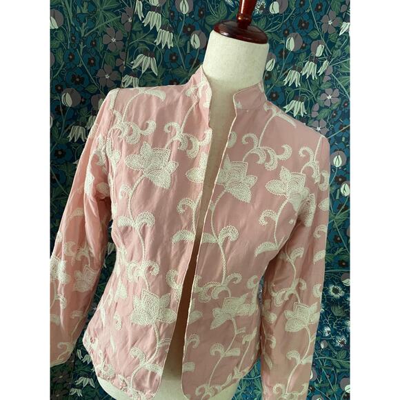 Cotton jacket in soft pink with white flower embroideries, size S - Picture 4 of 5